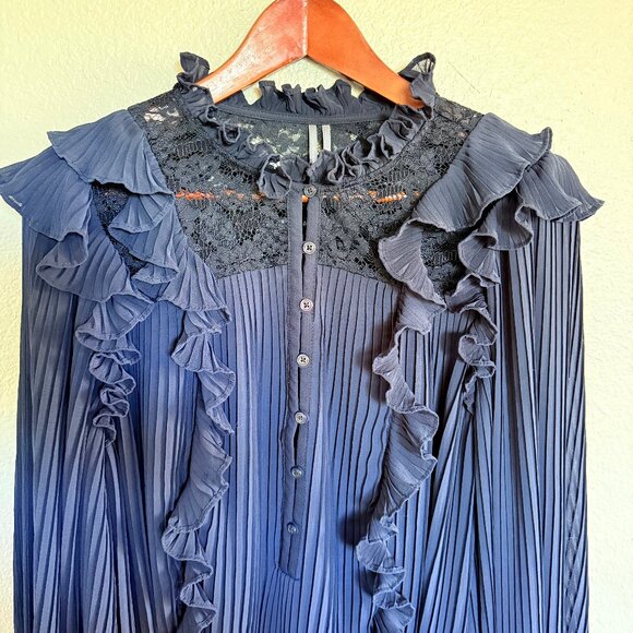 Anthropologie Sheer Pleated Ruffled Blouse Navy Blue | Corporate Goth | Size 1X - Picture 9 of 14